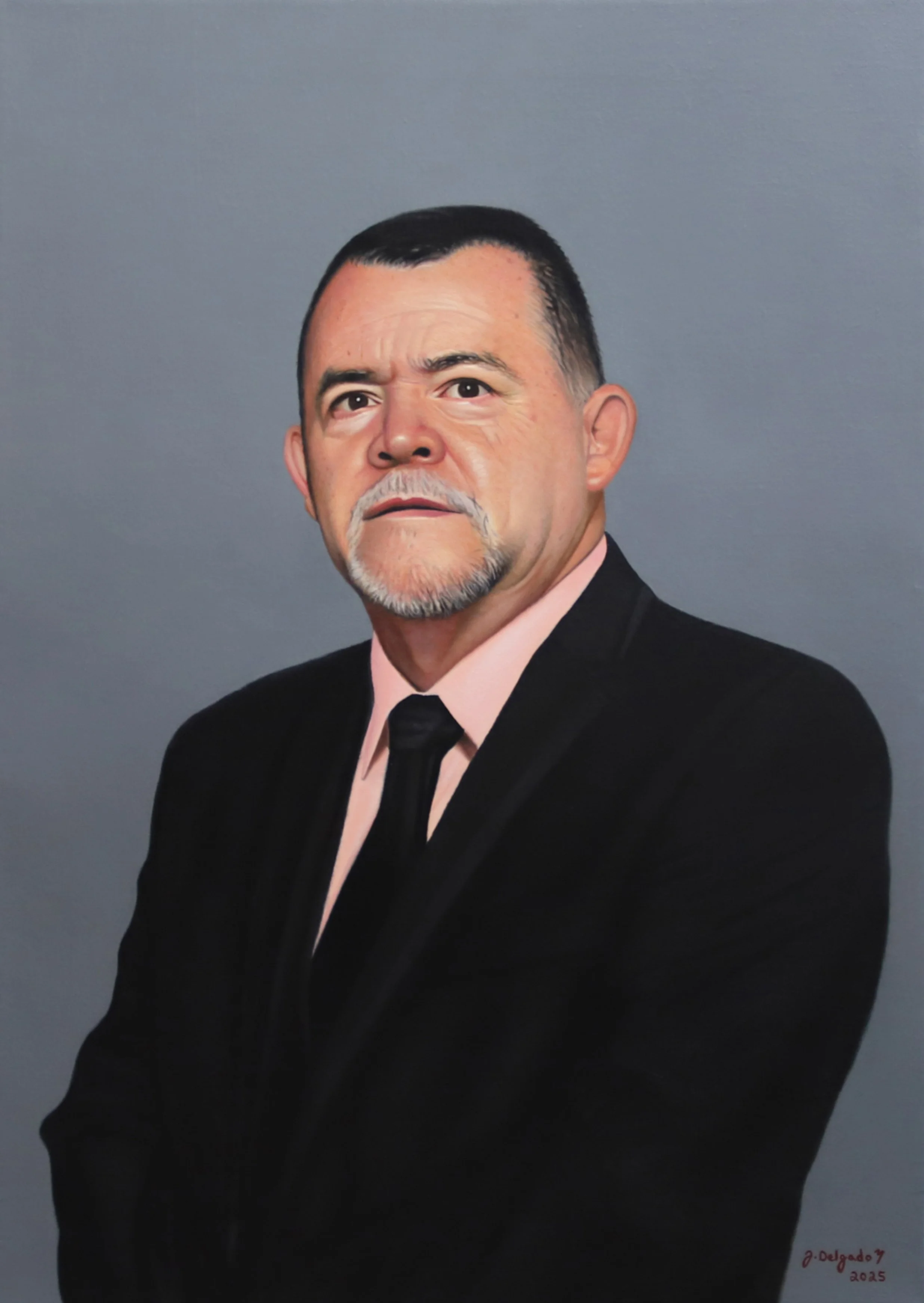 "Portrait of Rafael Rodriguez Salazar" - 2025. Oil on linen - 28 in (70 cm) x 20 in (50 cm) - Criminal lawyer, educator and consultant on criminal and labor procedural law, presented to him personally at his law firm, La Firma de Abogados Costa Rica.