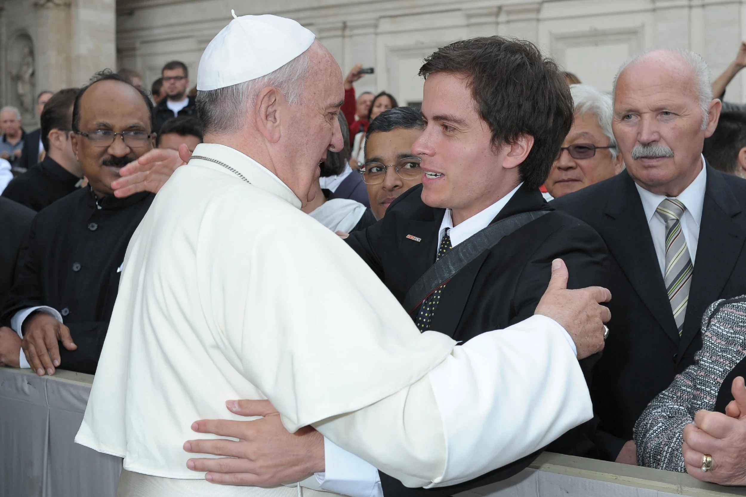 Portrait painting of His Holiness Pope Francis presented at St. Peter's Square in front of St. Peter's Basilica in Vatican City.