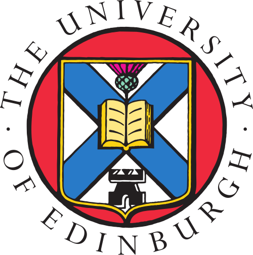 The seal of the University of Edinburgh featuring a shield with a book, a thistle, and a tower, surrounded by a black ring with the university's name.