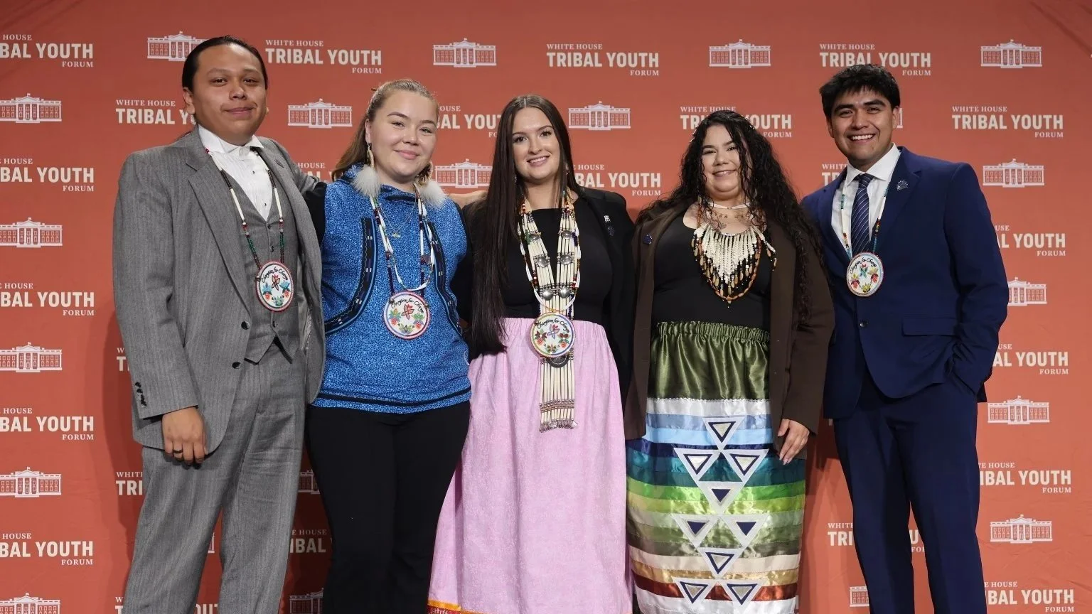 Ian Teller (far right), and four other Native youth, Wambli Quintana, Tayler Higgins, Sage Phillips, and Jeidah Dezurney were selected as 2024 Center for Native American Youth Champions for Change and attended the White House Tribal Youth Forum.
