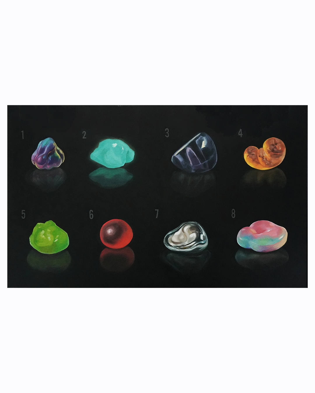 A collection of eight colorful gemstones on a black background, each with a number from 1 to 8 beneath it, including various shapes and hues.