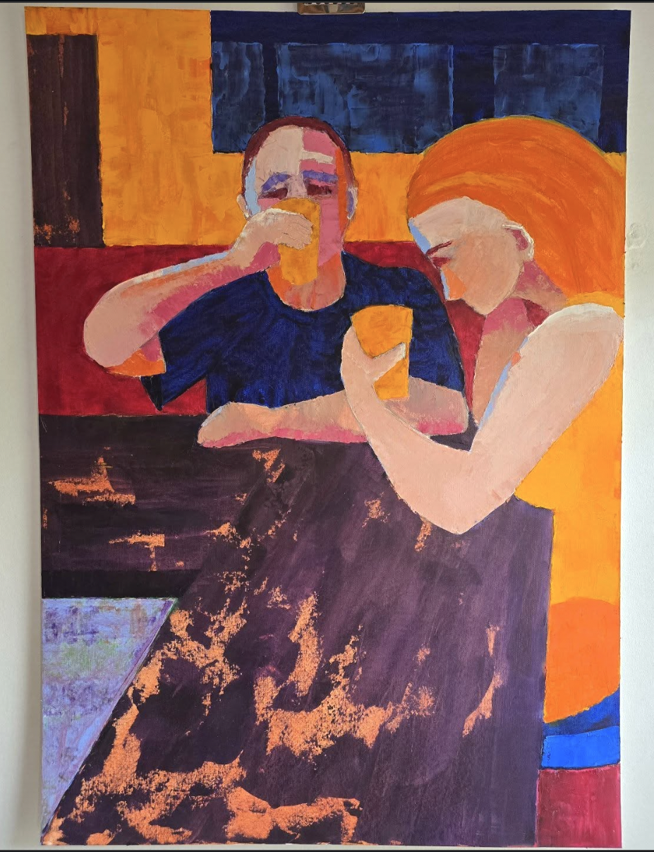 A colorful painting of a man and woman sitting at a table, each holding a glass of orange beverage, with the woman looking at her drink and the man drinking from his.