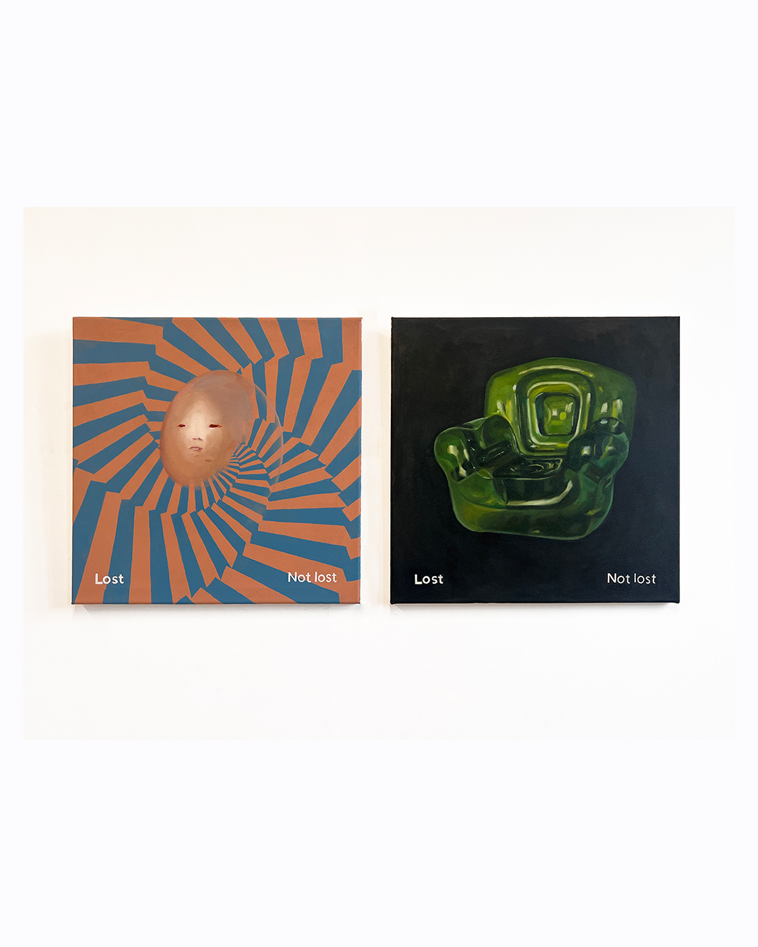 Two square artworks hanging on a white wall. The left artwork features a surreal face with closed eyes, set against a spiral pattern in orange and blue. The right artwork depicts a glossy green armchair on a dark background. Both pieces have white te