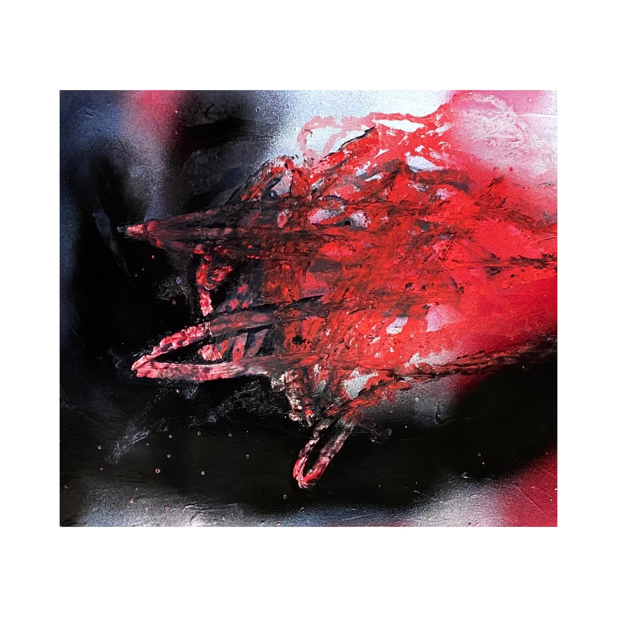 Abstract painting featuring black, red, and white colors with textured, swirling brushstrokes.