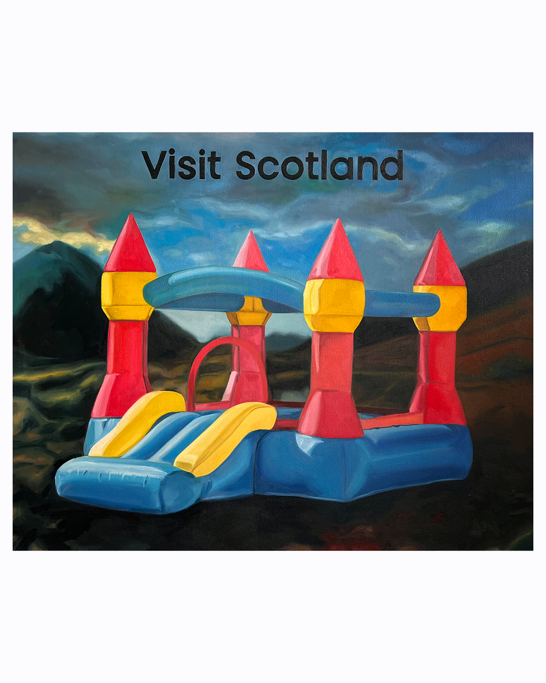 Painted sign encouraging visitors to Scotland, featuring an inflatable bounce house with bright red, yellow, and blue colors.