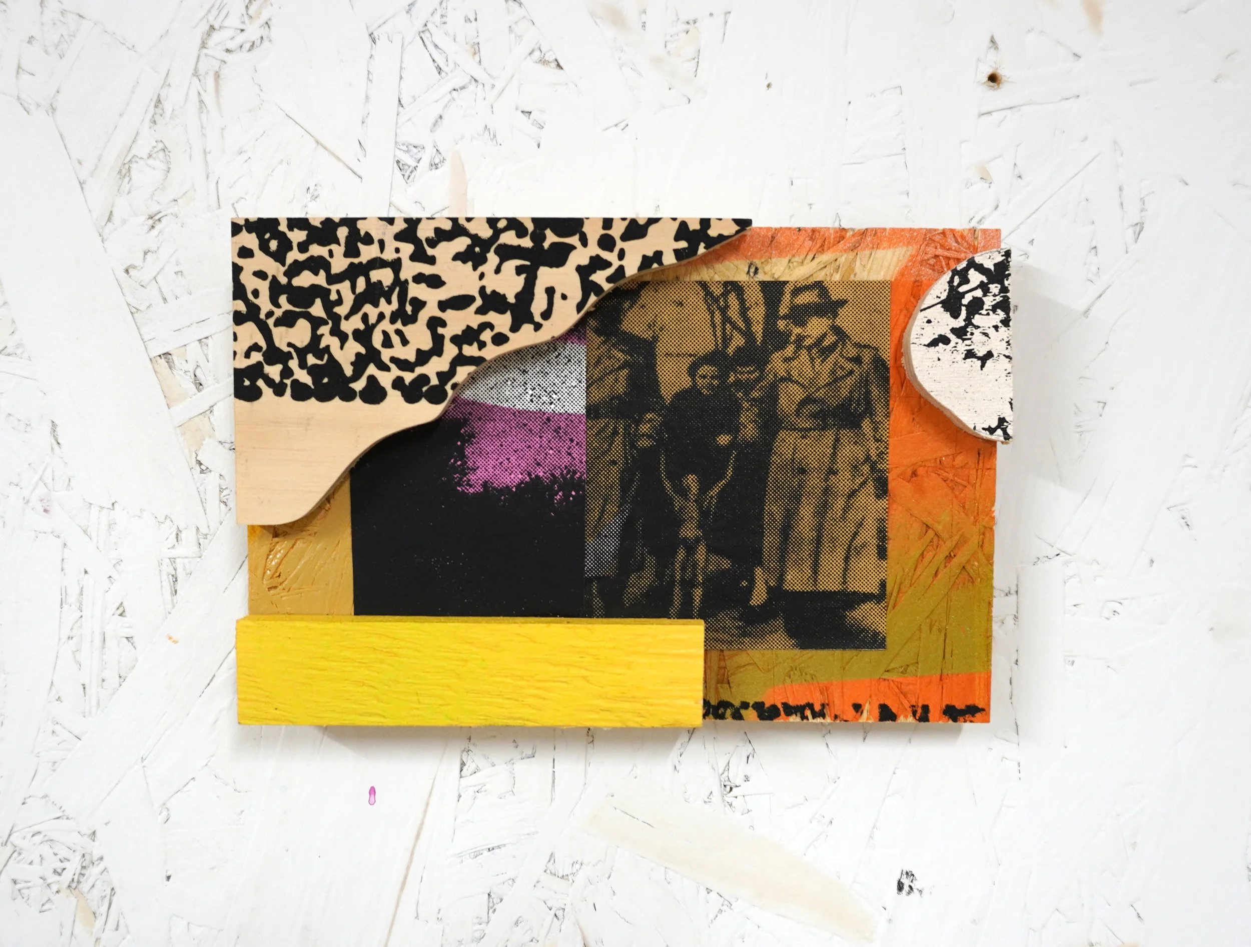 Collage of various printed paper pieces, including animal print, graphic art, and text, arranged on a white surface.