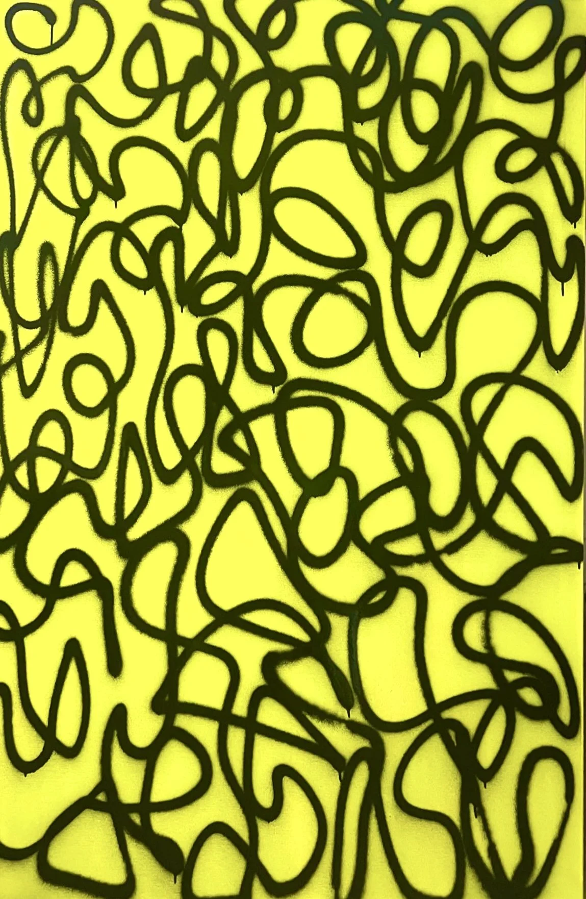 Abstract drawing with black squiggly lines on a yellow background.