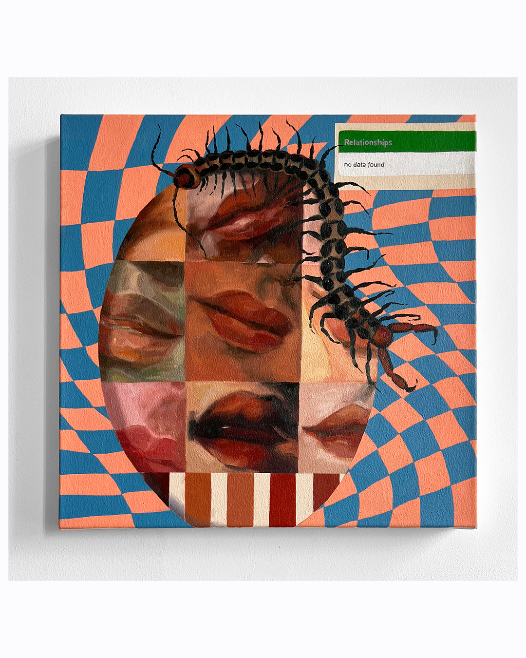 Mixed media artwork featuring a collage of lips and a centipede, with patterned background and a small green label reading 'Relationships' and 'no data found'.