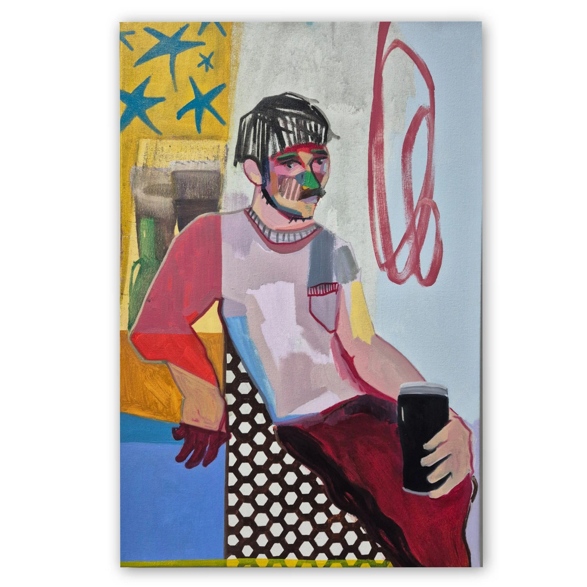 A colorful abstract artwork featuring a portrait of a man with a beard, wearing a red shirt, with a background of yellow, blue, gray, and red elements, including stars, geometric patterns, and a red outline of a figure.