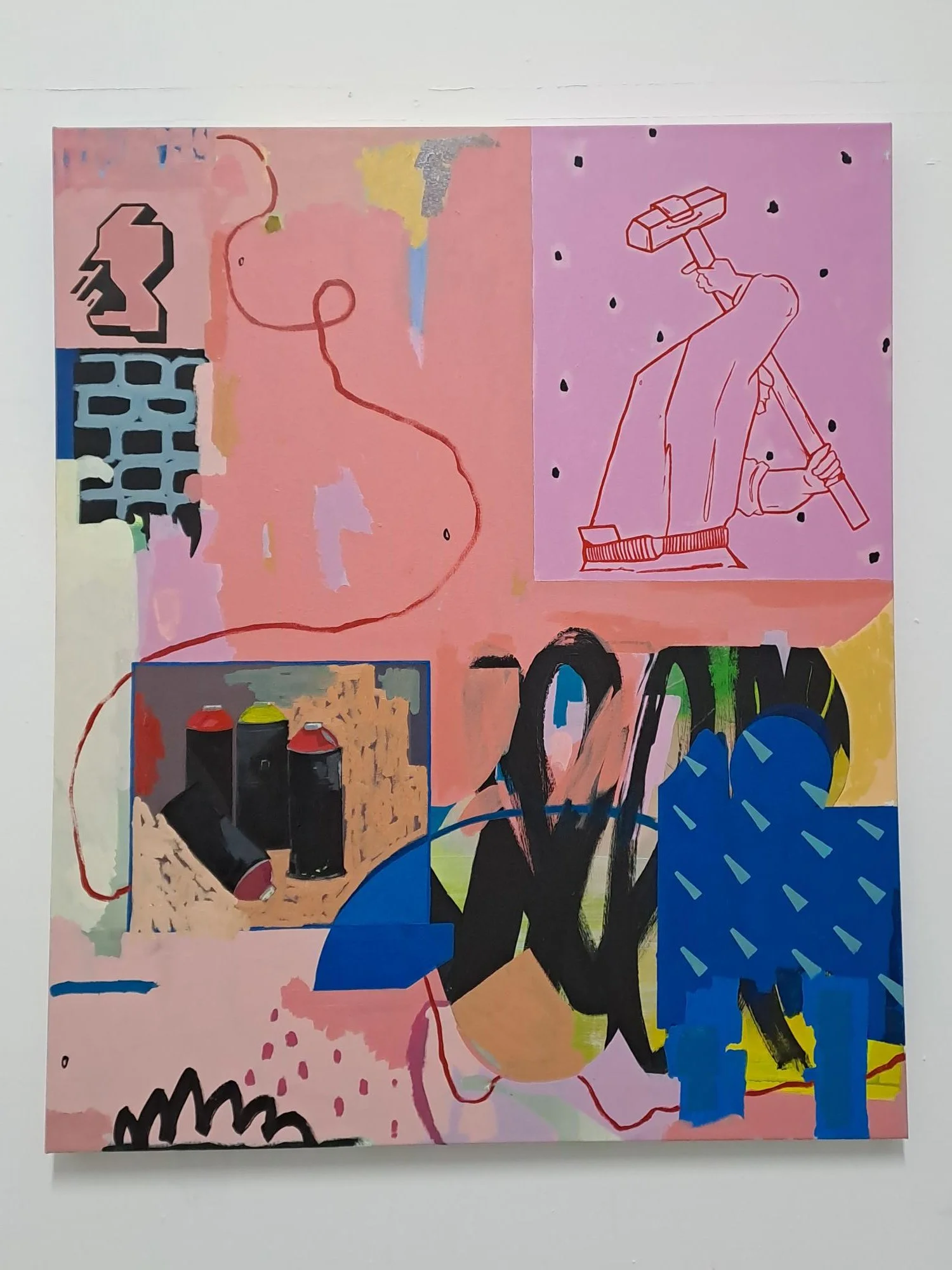 Colorful abstract collage with various shapes, lines, and patterns, including a red line drawing of a person holding a hammer, spray paint cans, and splashes of color.