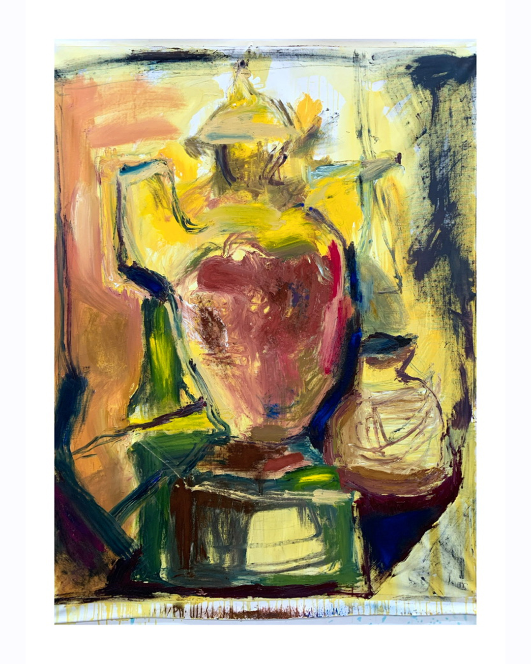Abstract painting of a still life with a large, yellow pitcher, a glass, and a container on a table, painted with bold brushstrokes and vivid colors.