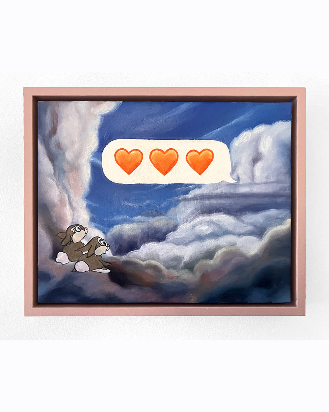 Painting of two cartoon style rabbits sitting on clouds with a sky background, a speech bubble with three orange hearts above them.