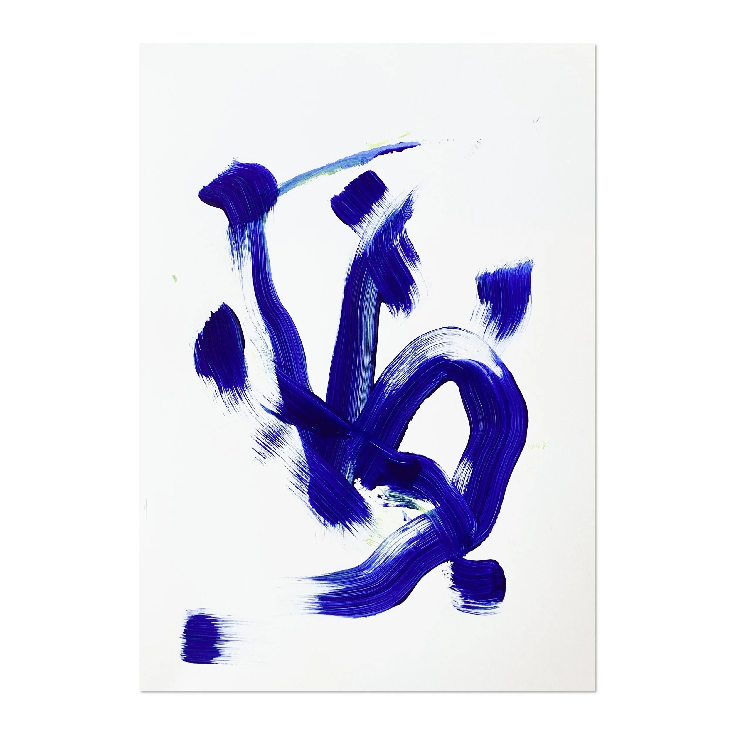 Abstract painting with broad, sweeping strokes of deep blue and hints of lighter, greenish-blue on a white background.
