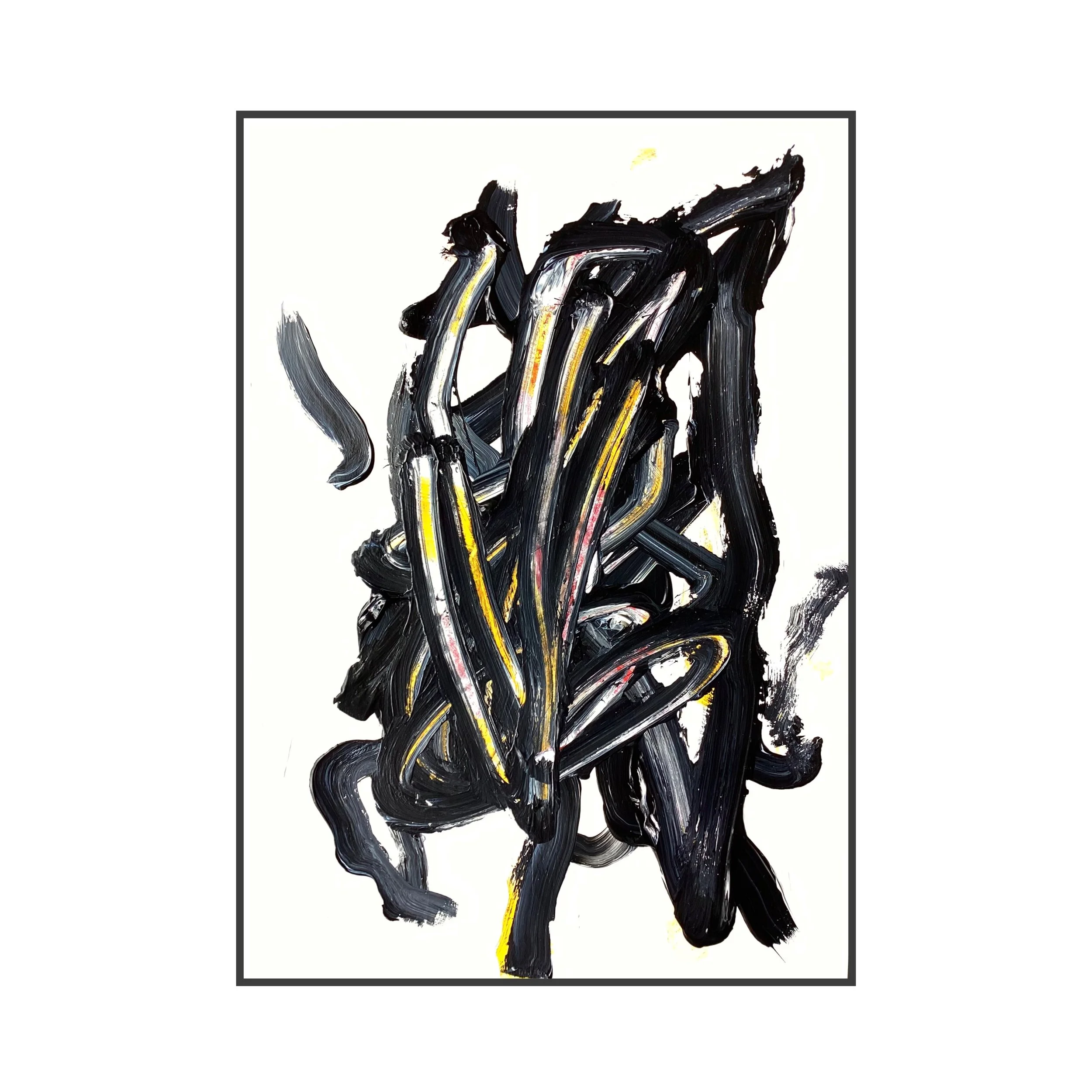 Abstract expressionist painting with bold black, yellow, and white brushstrokes on a white background.