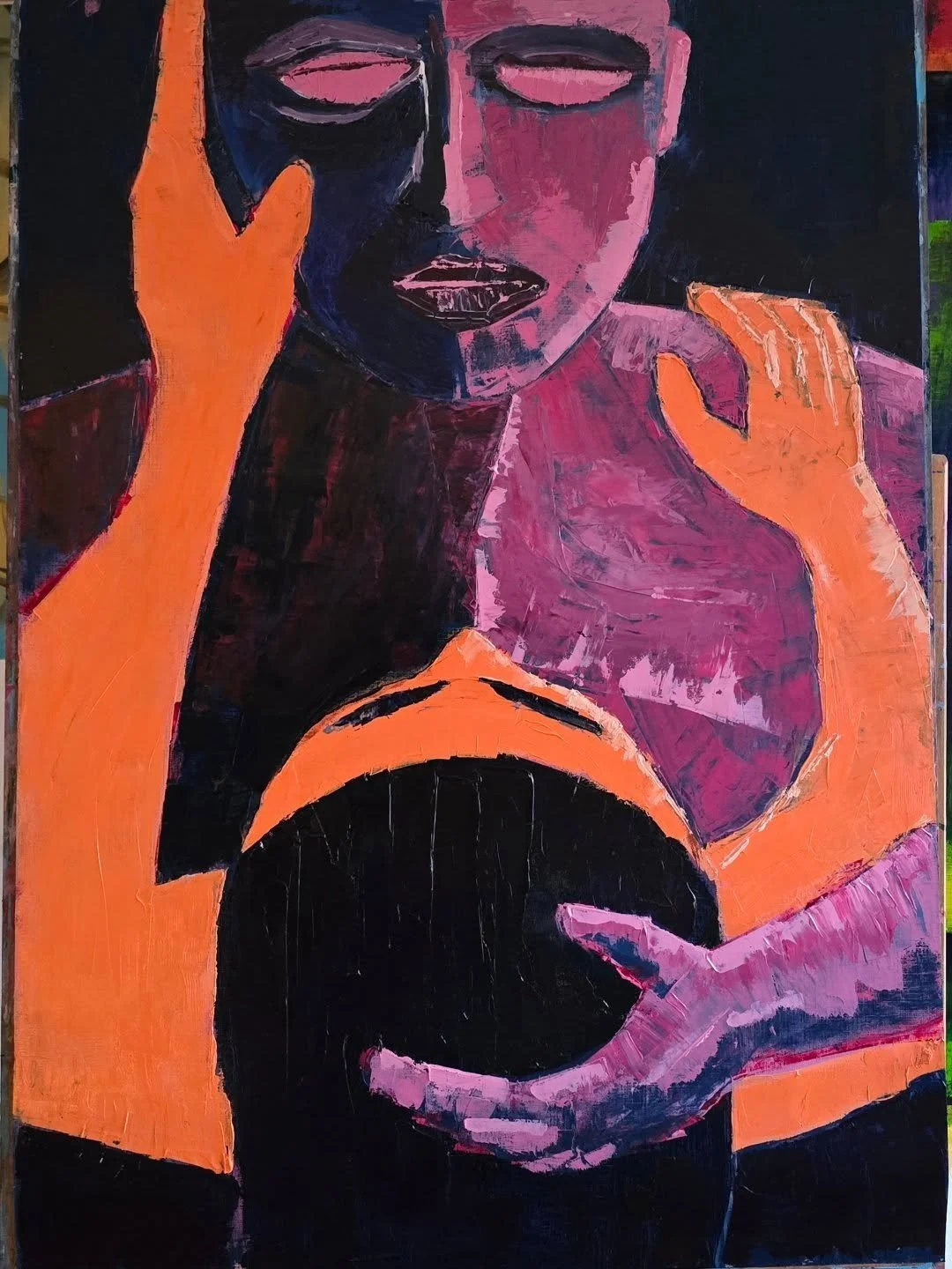 Abstract painting of a woman with pink skin, closed eyes, dark lips, and dark hair, holding a black circle with orange hands, set against a dark background.