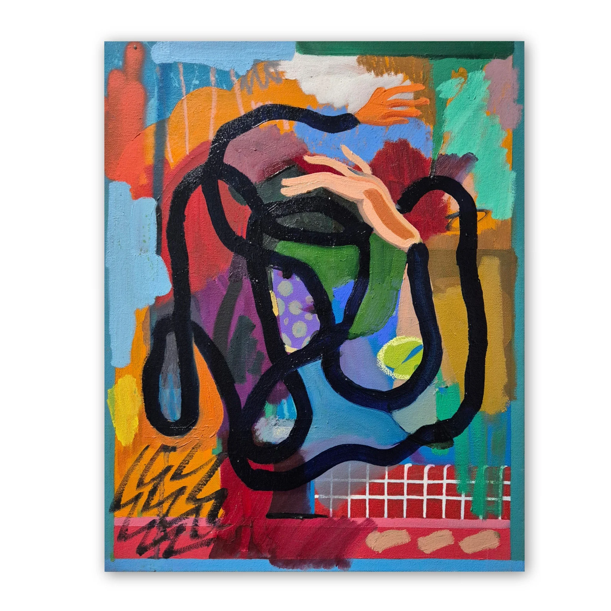 Abstract colorful painting featuring black loops, a hand, and various vibrant background shapes and patterns.