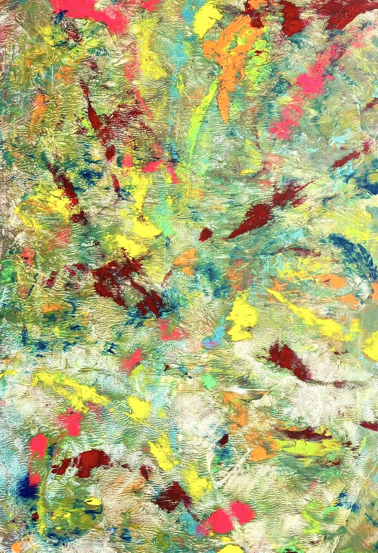 Abstract multicolored watercolor painting with splashes of red, yellow, green, blue, orange, and pink.