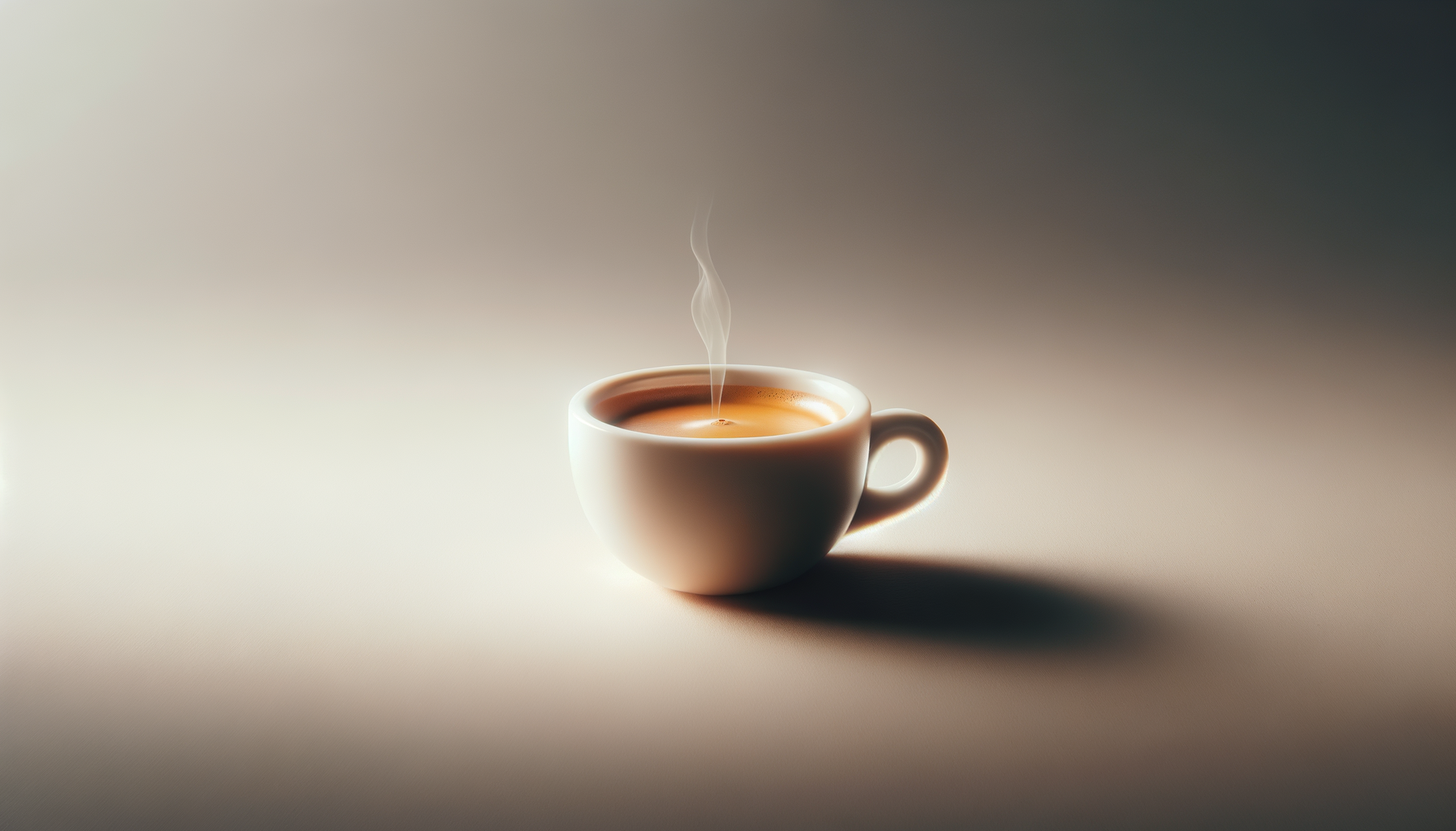 A white ceramic cup filled with hot coffee, with steam rising from it, placed on a light, neutral-colored surface with a plain gradient background.