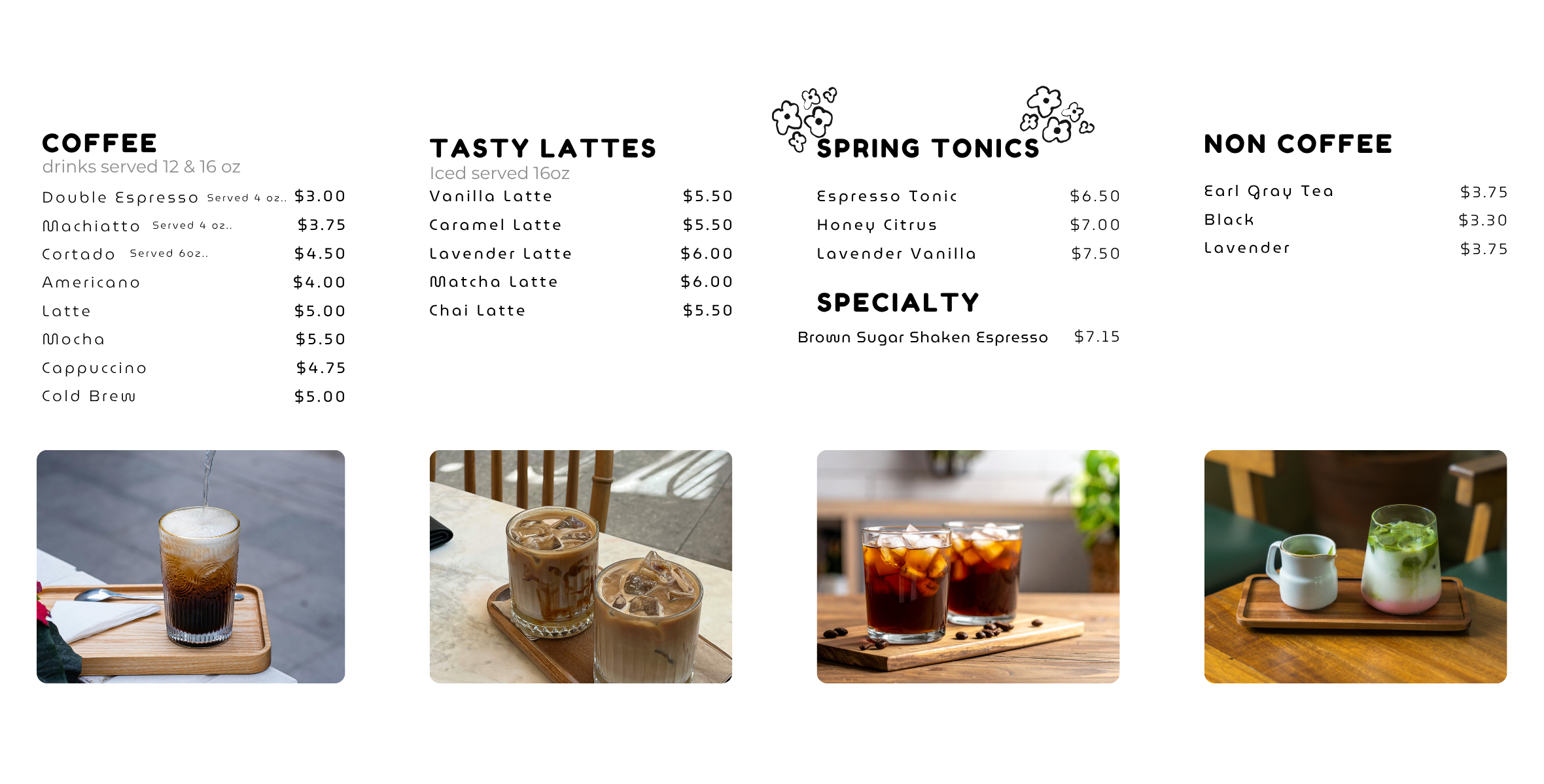 Cafe menu with coffee, latte, and non-coffee drinks, featuring photos of iced coffee beverages.