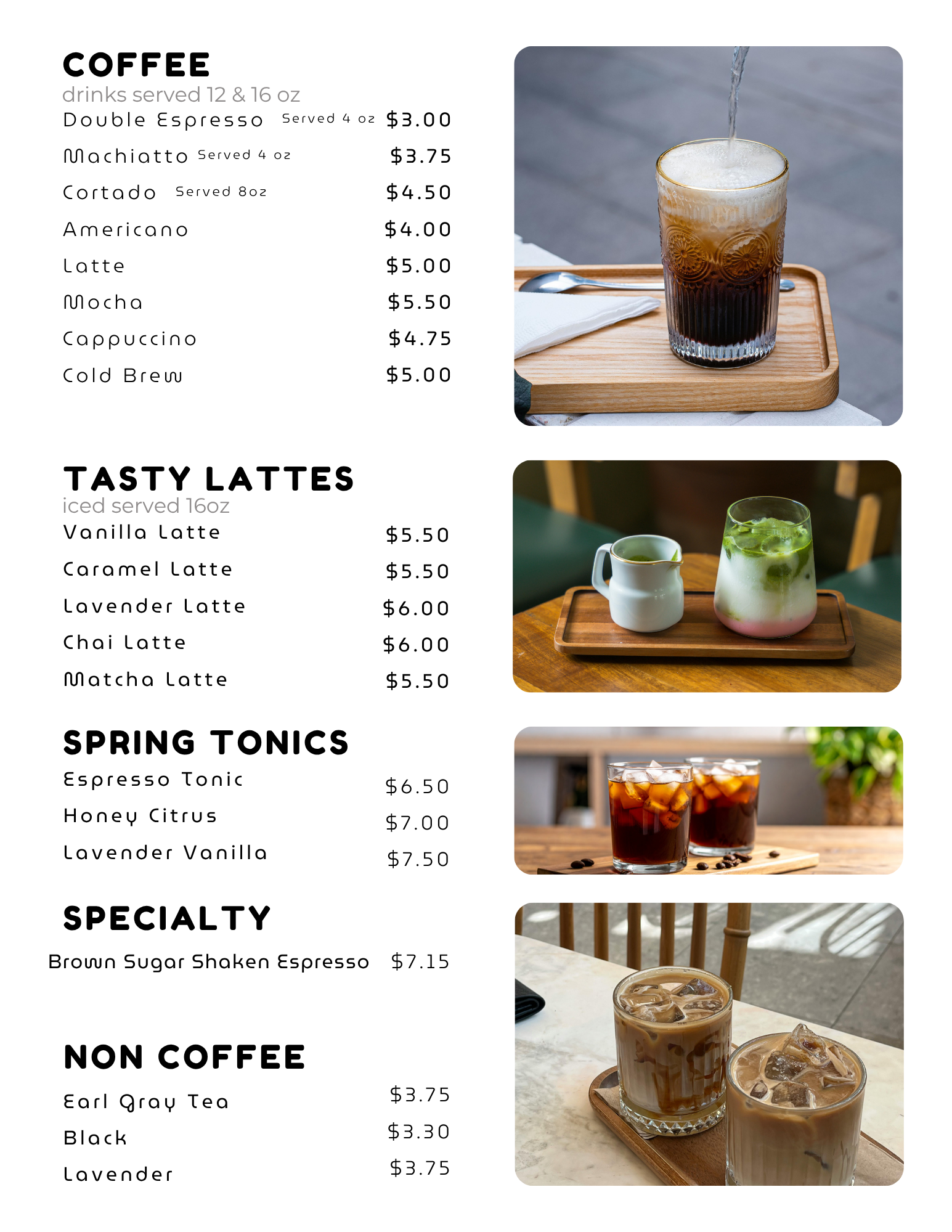 A cafe menu featuring coffee beverages like double espresso, mochaccino, cortado, americano, latte, mocha, cappuccino, cold brew, and various lattes, with prices, and images of iced coffee drinks.