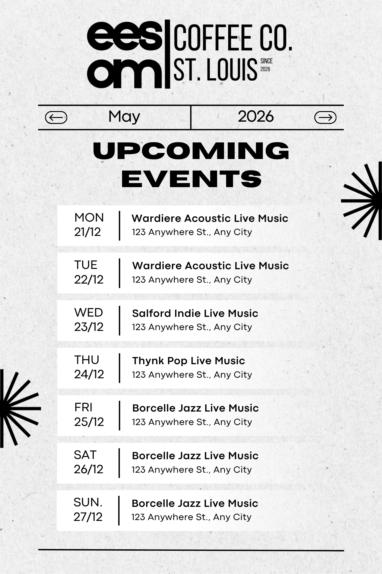 A poster displaying upcoming live music events at a coffee shop in St. Louis in May 2026, including dates, band names, and venue address.