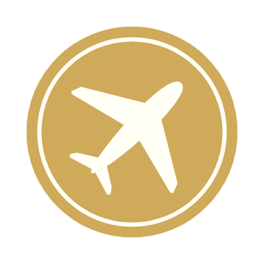 Gold and white circular badge featuring a white airplane icon in the center.