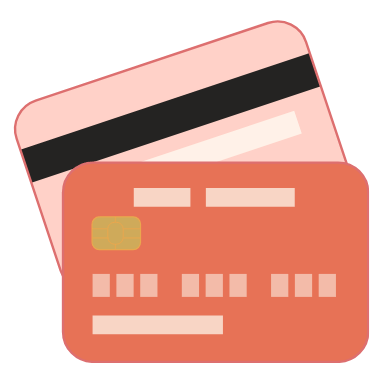 Illustration of two credit cards, one on top of the other, with the top card in a pink shade and the bottom card in a reddish-orange color.