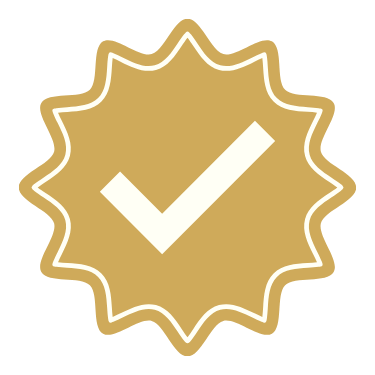 Gold badge with white checkmark inside.