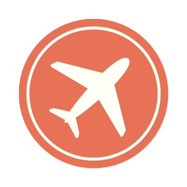 Icon of an airplane inside a circular border on an orange background.