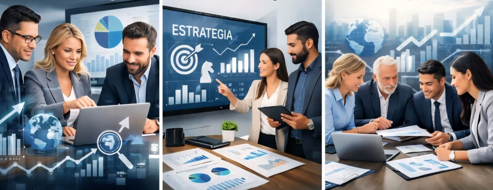 Group of business professionals discussing data and strategies in a conference room with charts and graphs displayed on screens