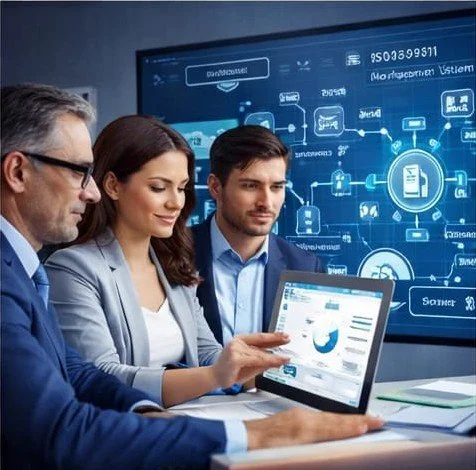 Three business professionals in a meeting room with a large digital screen displaying data and diagrams related to management systems.