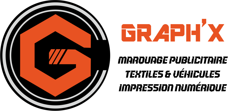 Logo graphique avec un grand G orange entouré de cercles blancs et noirs, texte 'GRAPH'X' en orange à côté.