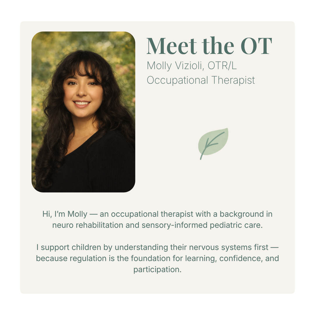 Profile card introducing Molly Vizioli, an occupational therapist. The card includes her photo, name, credentials, and a brief description of her background in neuro rehabilitation and pediatric care.