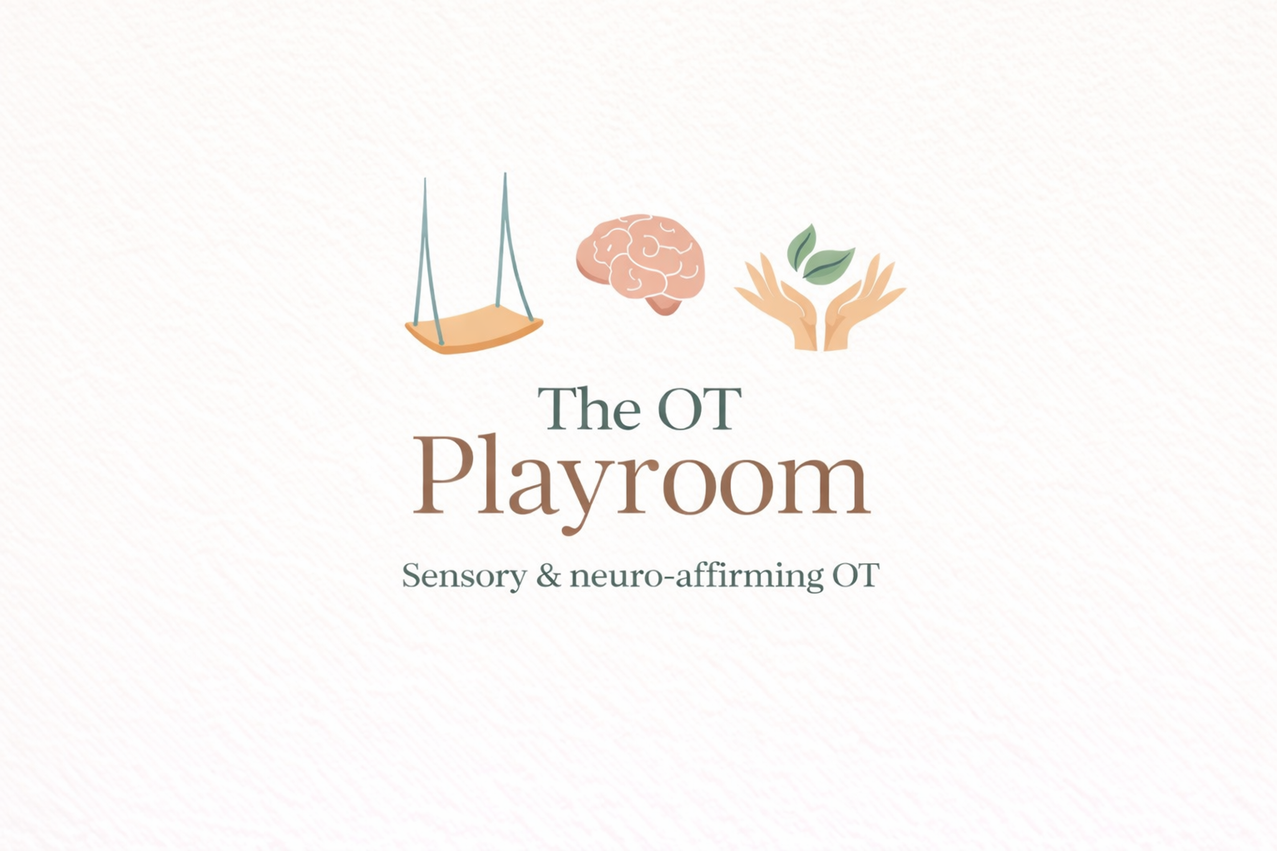 Title card for 'The OT Playroom: Sensory & neuro-affirming OT' with icons of a swing, brain, and hands holding leaves.