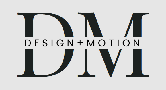 Logo with large black letters D and M, placed vertically, with the words DESIGN + MOTION in between.