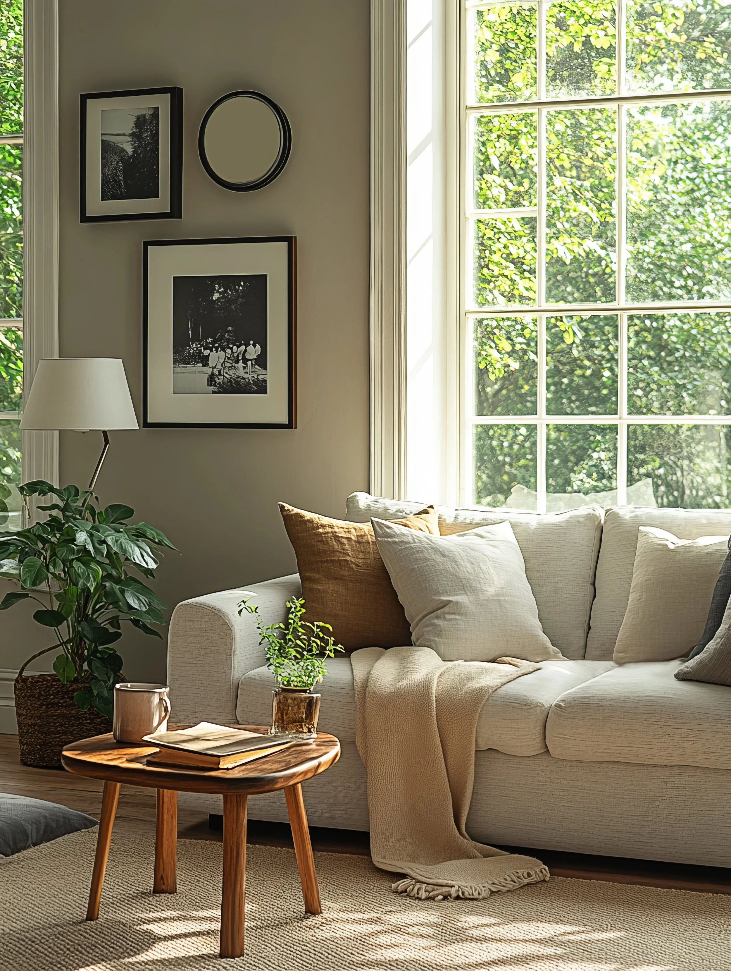Living room with a beige sofa decorated with beige and brown pillows, a round wooden coffee table with books and a mug, a large window with greenery outside, framed black-and-white photographs on the wall, a white table lamp, and green plants beside the sofa on a beige rug.