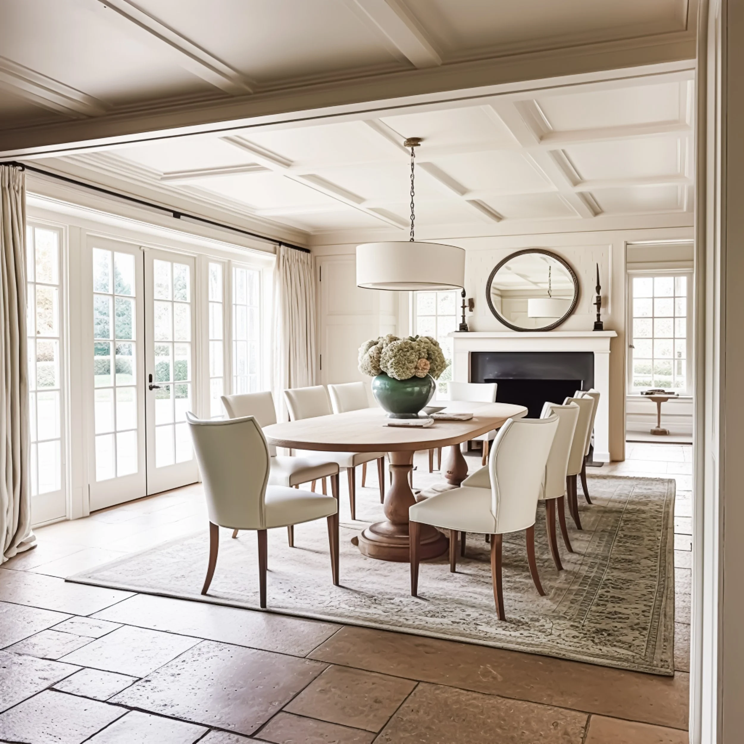 A dining area with a round wooden table, surrounded by cream-colored chairs, with a large vase of flowers on top. The room has large windows with curtains, a fireplace with a round mirror above it, and a light fixture hanging from the ceiling. The floor is tiled and covered by a large area rug.