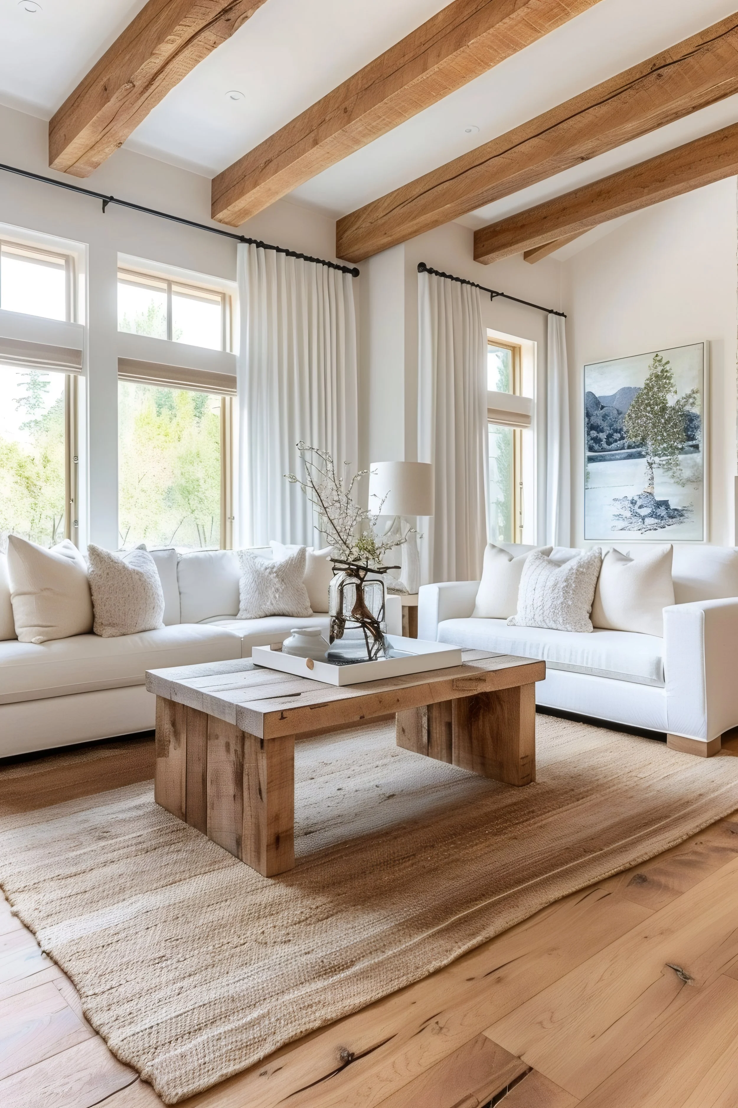 Living room with white sofas, wooden coffee table, beige rug, large windows with white curtains, wooden beamed ceiling, and mountain artwork on the wall.