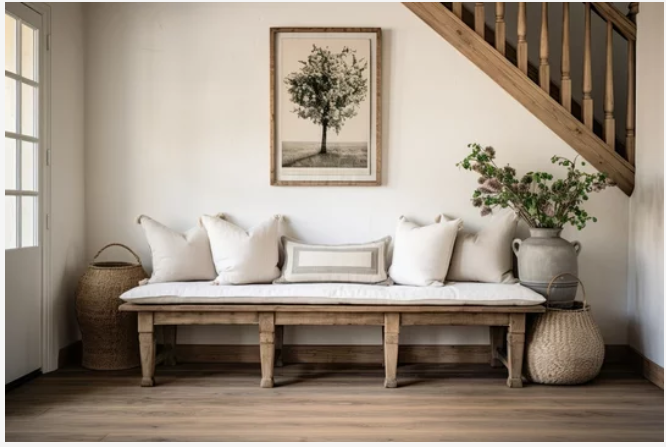 A rustic wooden bench with white cushions and pillows, placed against a white wall with a framed black-and-white tree picture above. A large potted plant with pink flowers and greenery on the right, and two woven baskets on either side. Part of a wooden staircase is visible in the top-right corner.