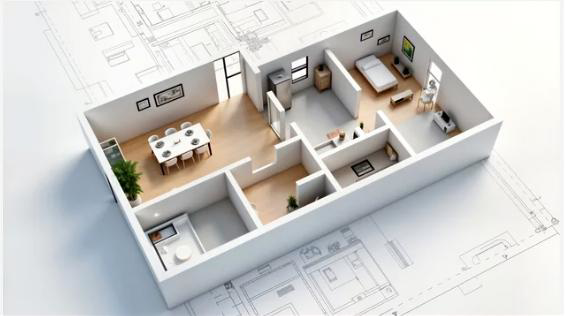 A 3D floor plan of a house showing a living room, dining area, kitchen, bedroom, and bathroom, with architectural blueprints underneath.