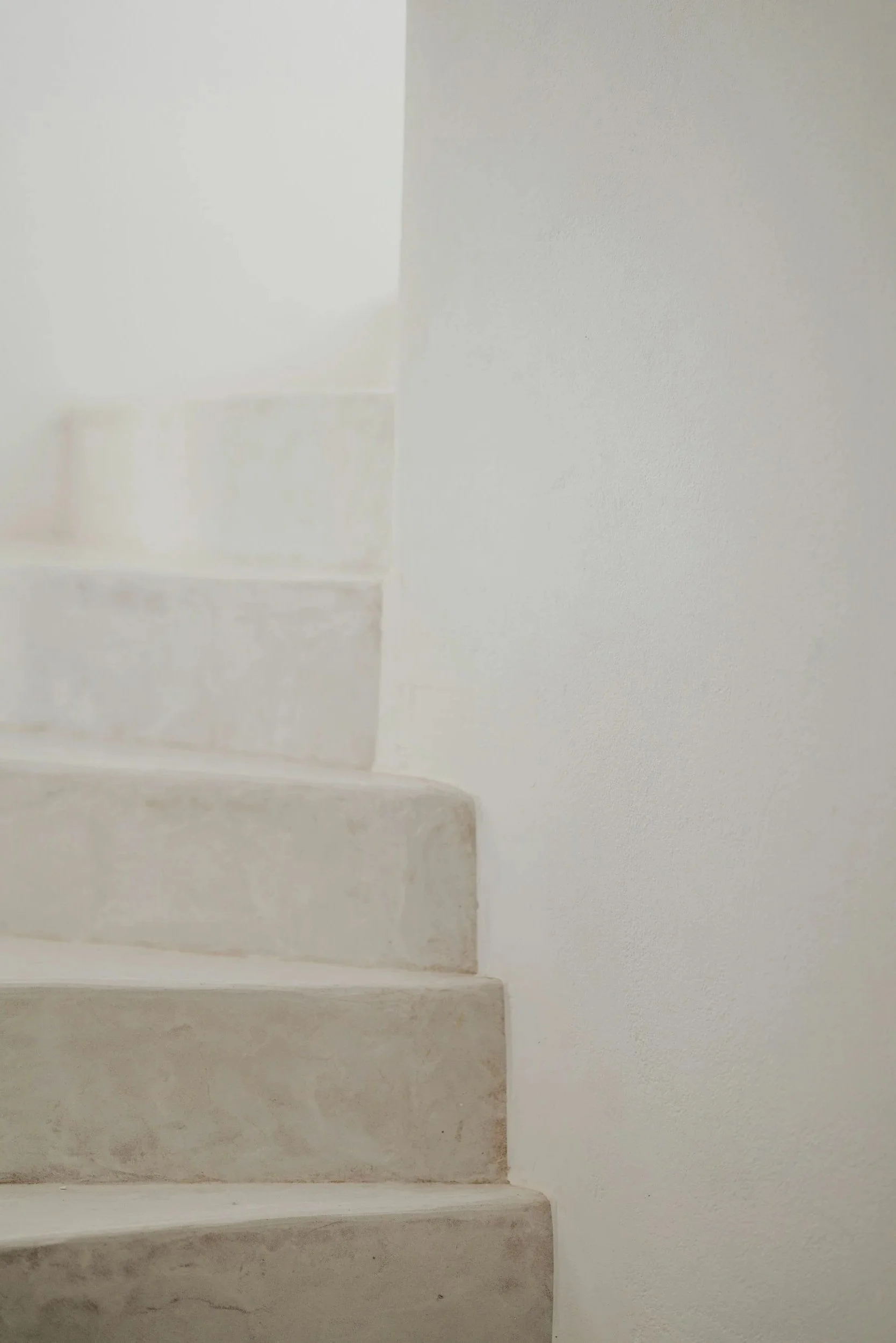 Close-up of beige carpeted stairs next to a white wall.