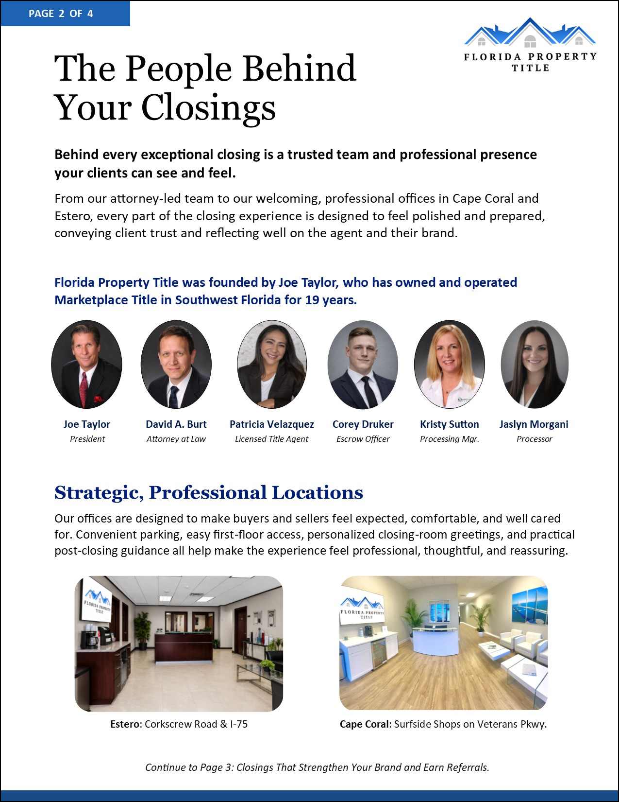 Page from a real estate document titled 'The People Behind Your Closings,' featuring photos and titles of team members from Florida Property Title, including Joe Taylor, David A. Burt, Patricia Velazquez, Corey Druker, Kristy Sutton, and Jaslyn Morgani, with images of office locations in Estero and Cape Coral, Florida.