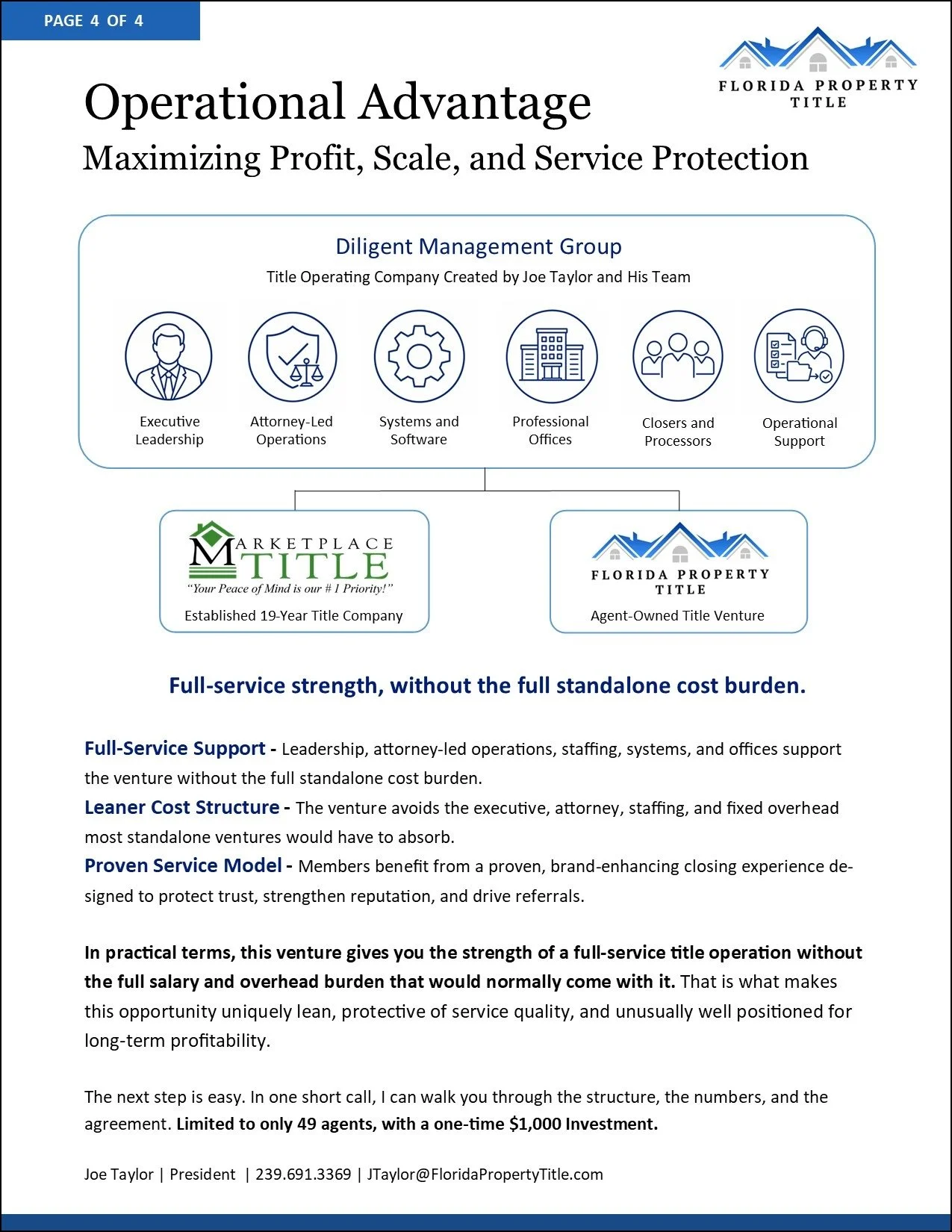 A detailed document discussing the operational advantage of a real estate title company, highlighting features like full-service strength, leaner cost structure, and proven service model. It includes section headings, icons representing leadership, operations, software, offices, processors, and support, as well as two logos for Florida Property Title and Marketplace Title.