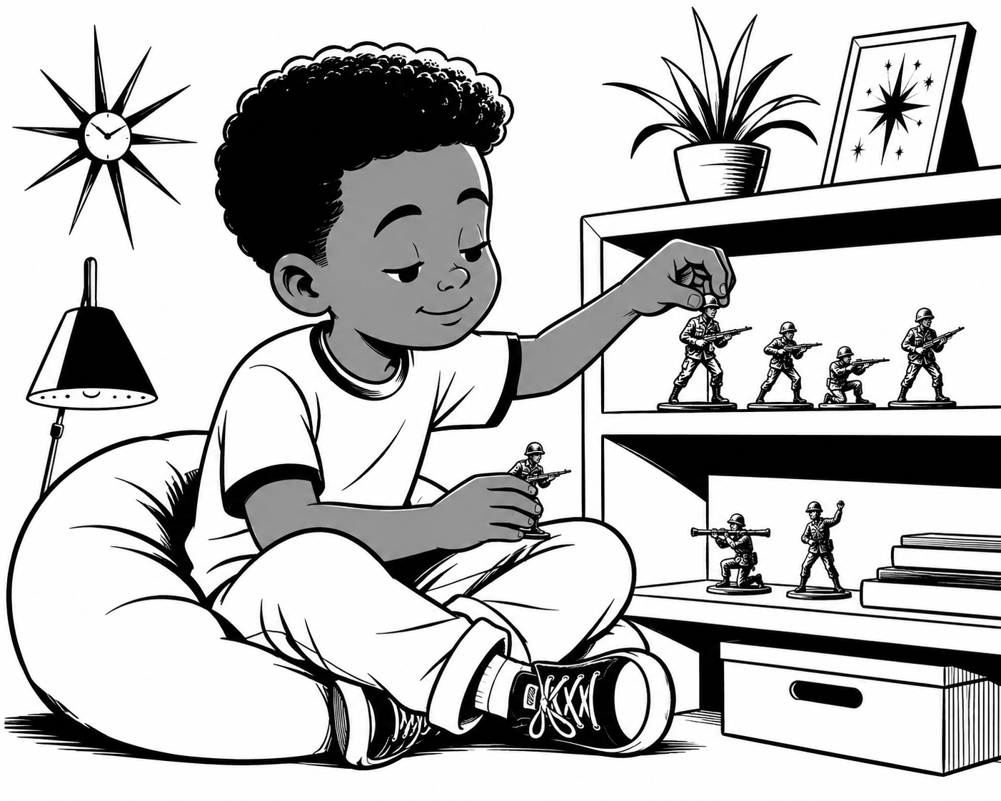 A young boy sitting on the floor, playing with toy soldiers in front of a bookshelf and a lamp.