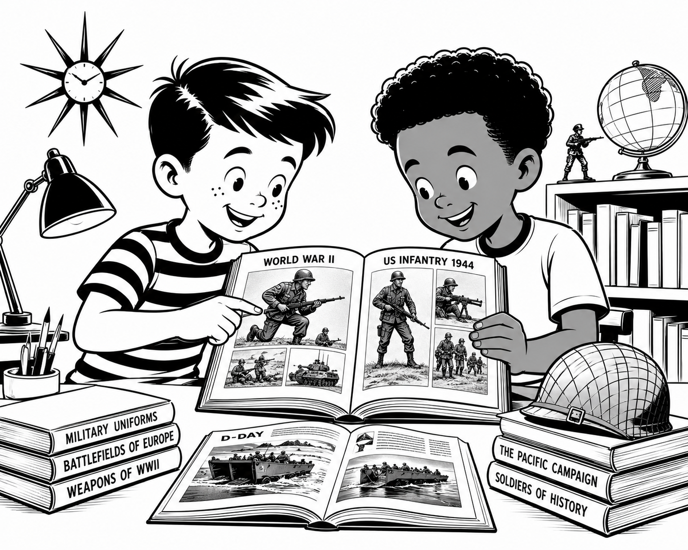 Two boys sitting at a table reading history books about war, with toy soldiers and military helmets around them.