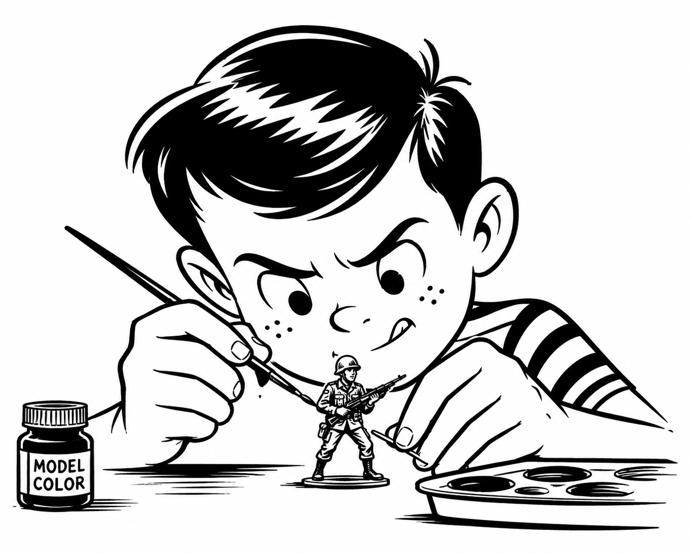 A boy with a striped shirt painting a military toy soldier with a tiny brush, with a model color paint jar nearby.