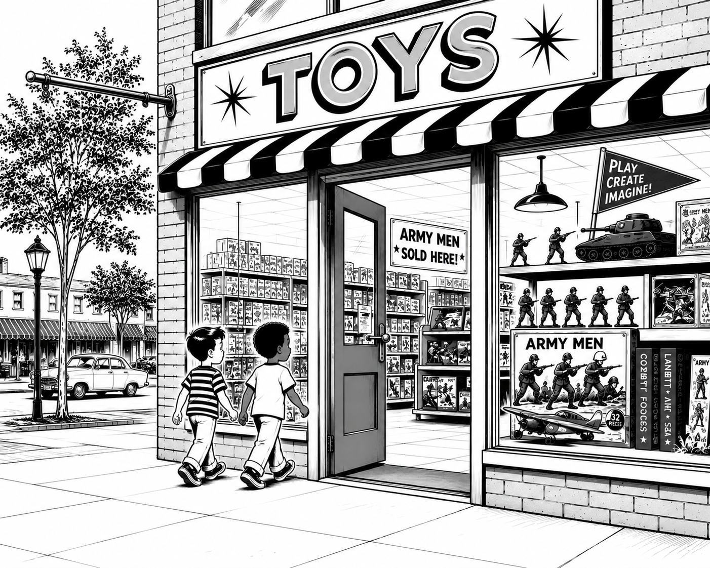 Black and white illustration of a toy store with children entering. The store has a sign that says 'TOYS' and displays toy soldiers, tanks, and models in the window. Outside are trees, a lamppost, and parked cars along the street.