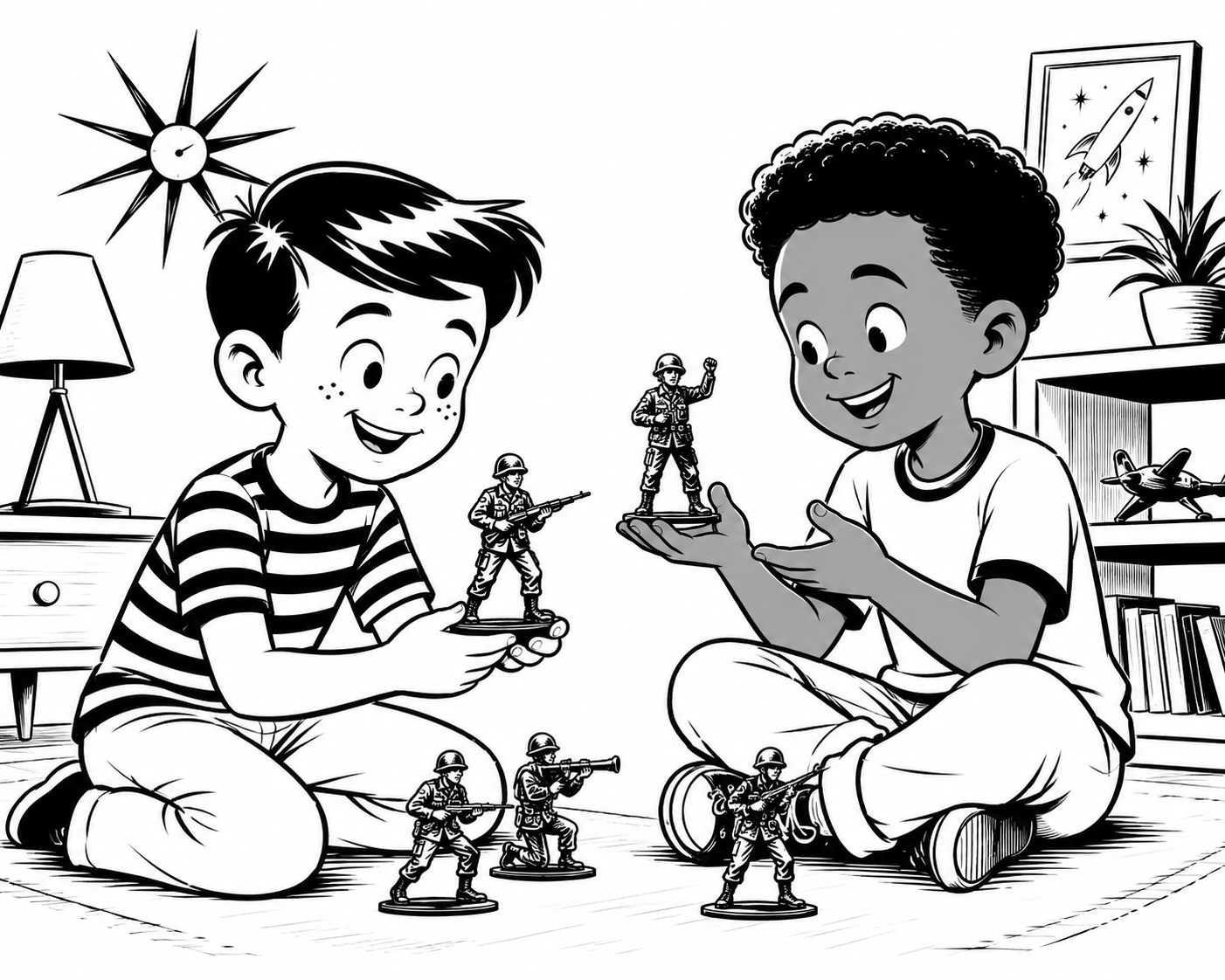 Two children sitting on the floor playing with toy soldiers and military figures, with a bedroom background that includes a lamp, bookshelf, and wall art.