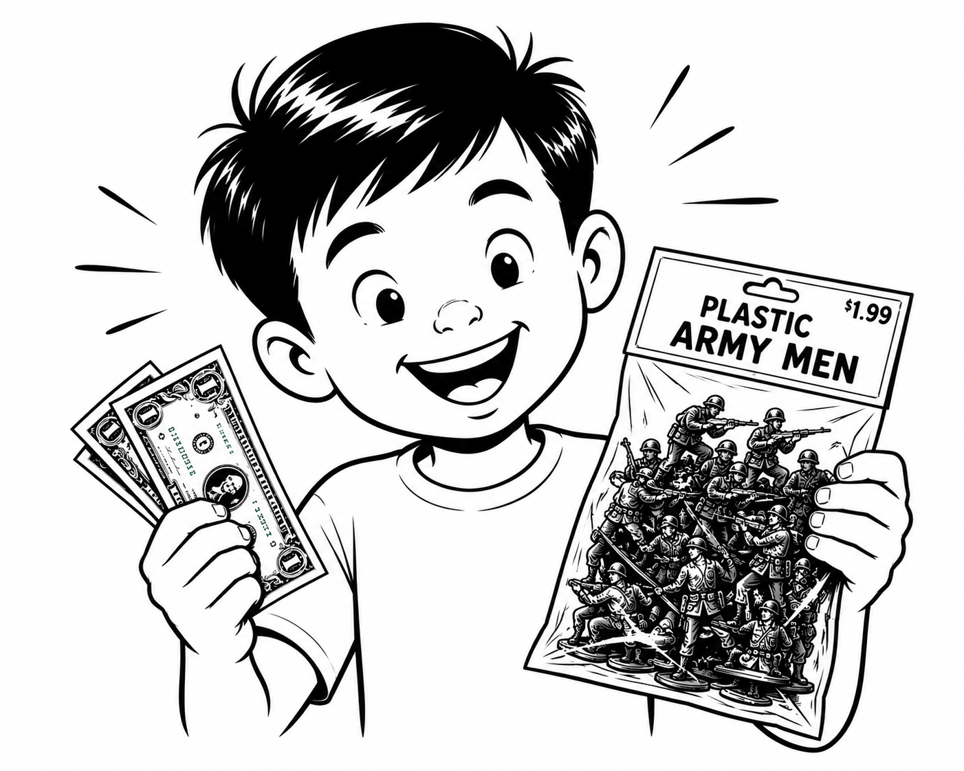 Black and white illustration of a smiling boy holding a stack of money in one hand and a toy army men set in its packaging in the other.