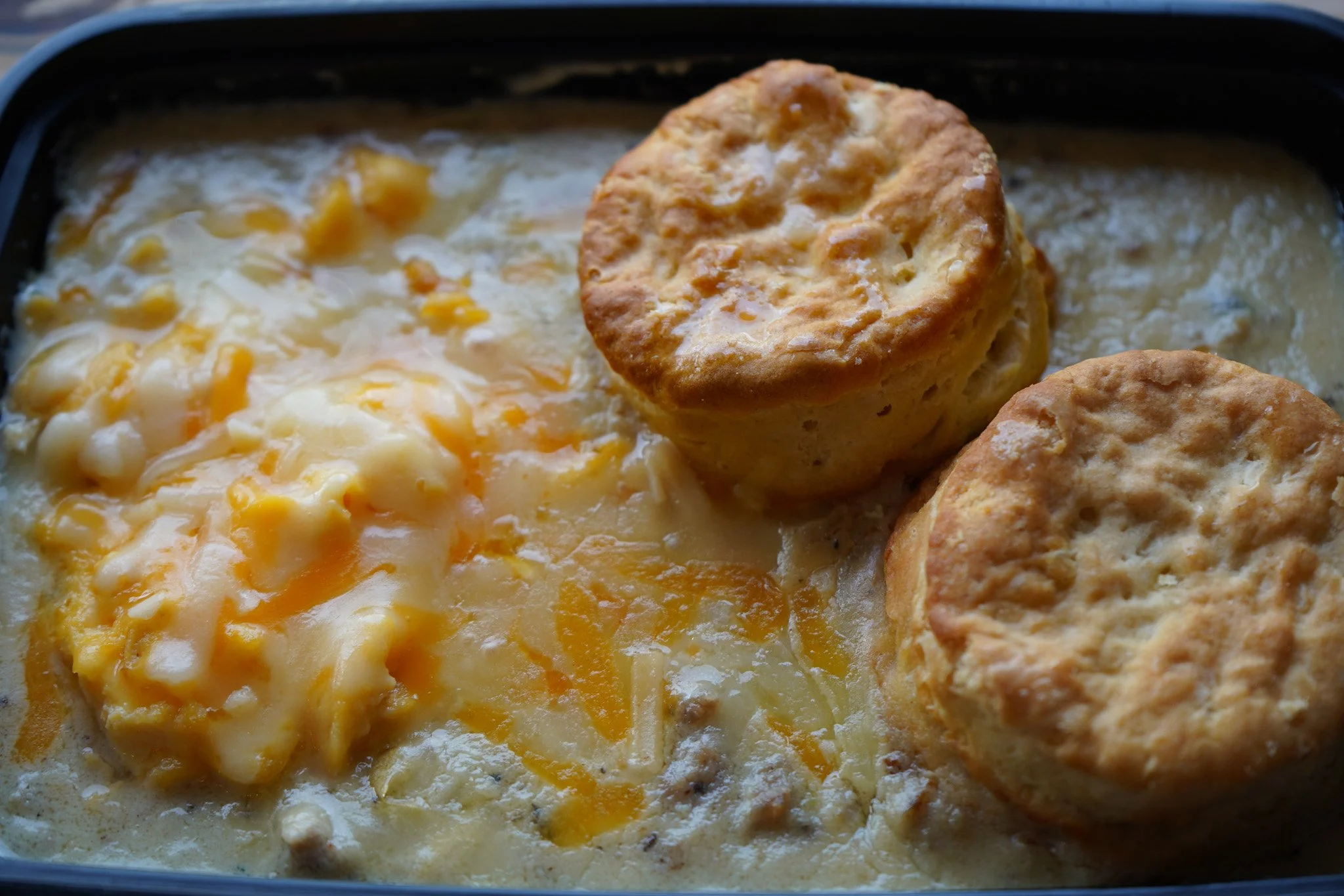 Fluffy, buttery biscuits &amp; rich creamy sausage gravy&mdash;peppered just right and full of flavor in every bite. Topped with eggs and a layer of melted cheese that pulls it all together, adding that extra comfort and richness. It&rsquo;s hearty, 